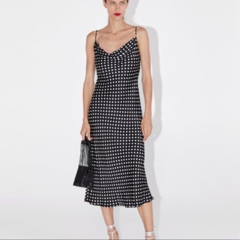 ZARA Cowl Neck Polka Dot Silky Dress